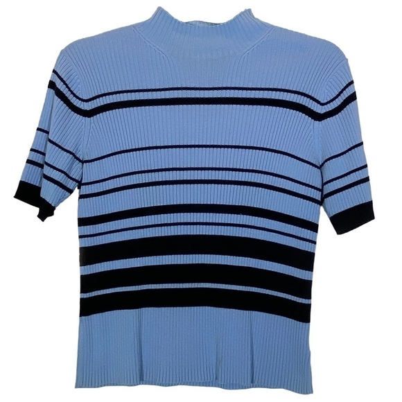 Worthington Essentials size L  blue and navy stripe short sleeve sweater - Picture 4 of 5